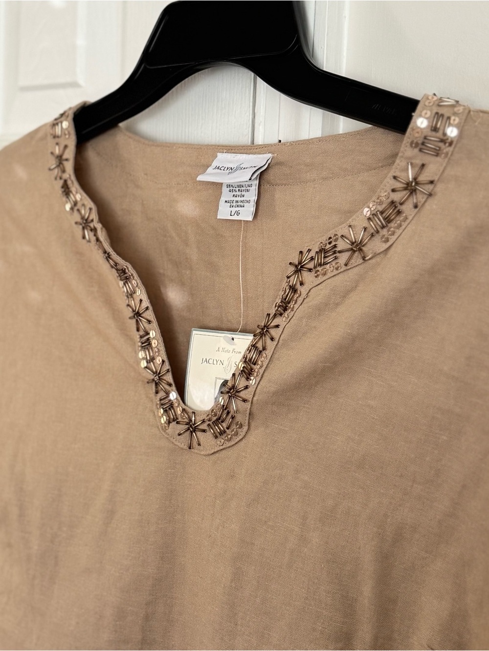 Jaclyn Smith Women's L Linen Blend Tunic Boho Embellished Beaded Tan Top NWT - Picture 5 of 8